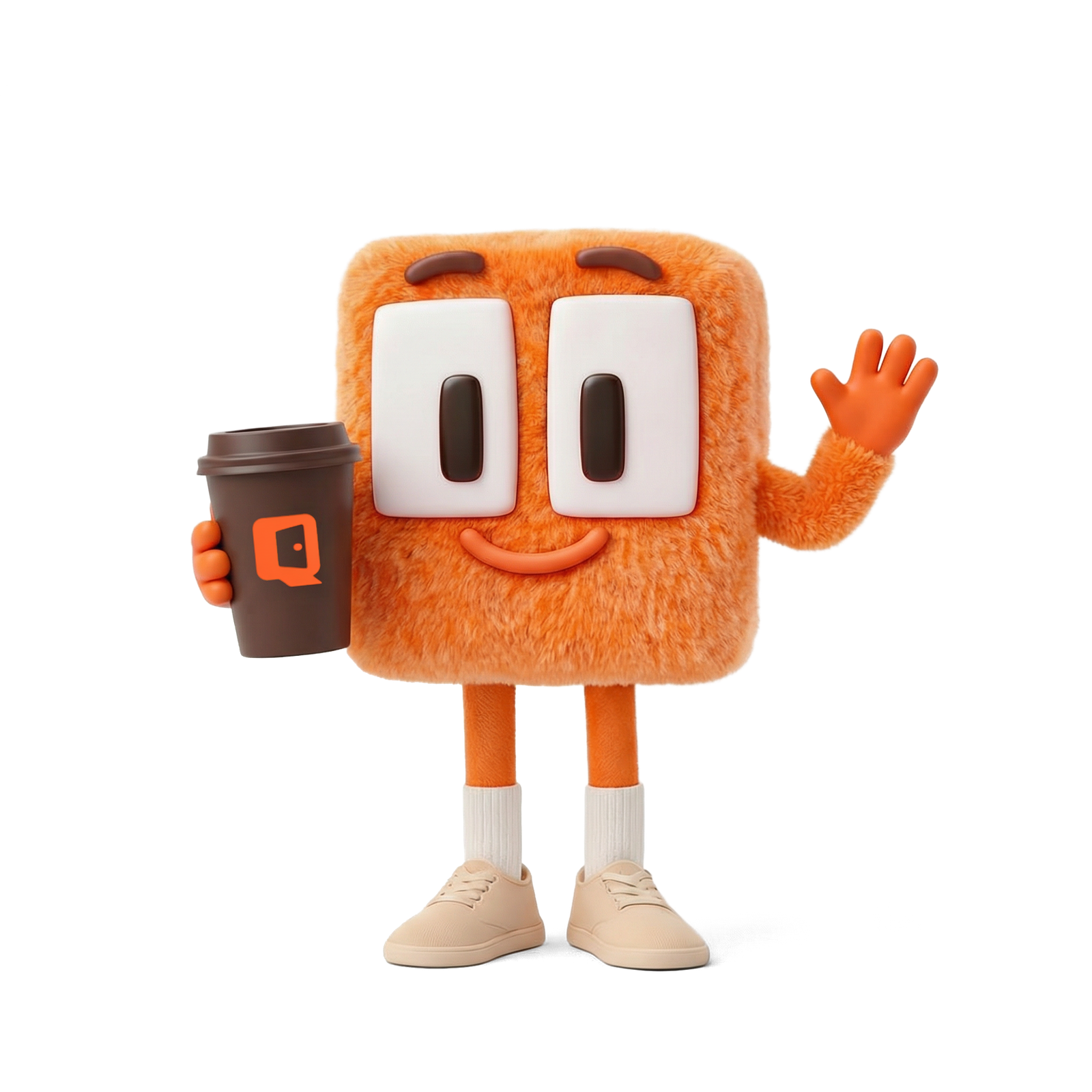 Albert, the Rental IQ mascot, holding a coffee cup and waving