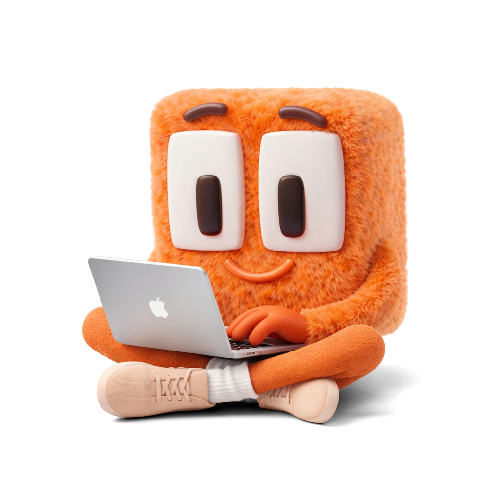 Albert, the Rental IQ mascot, sitting cross-legged with a laptop