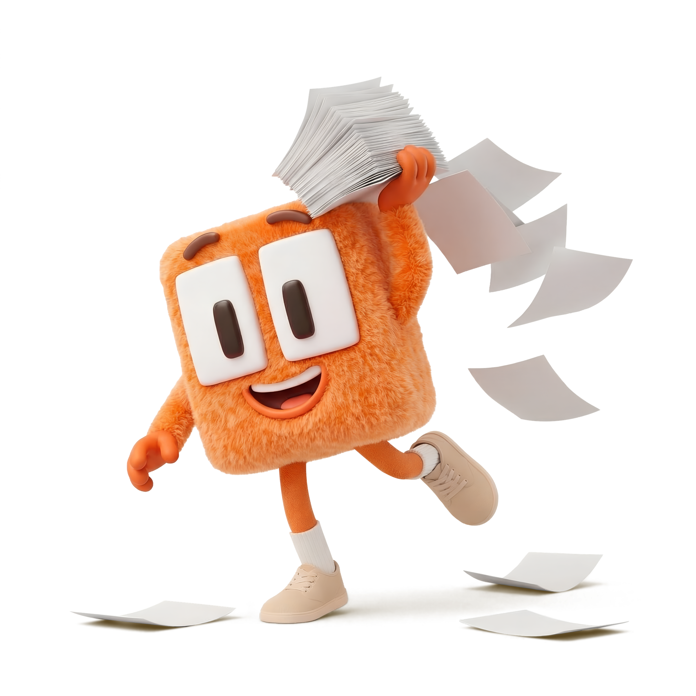 Albert, the Rental IQ mascot, running with a stack of papers