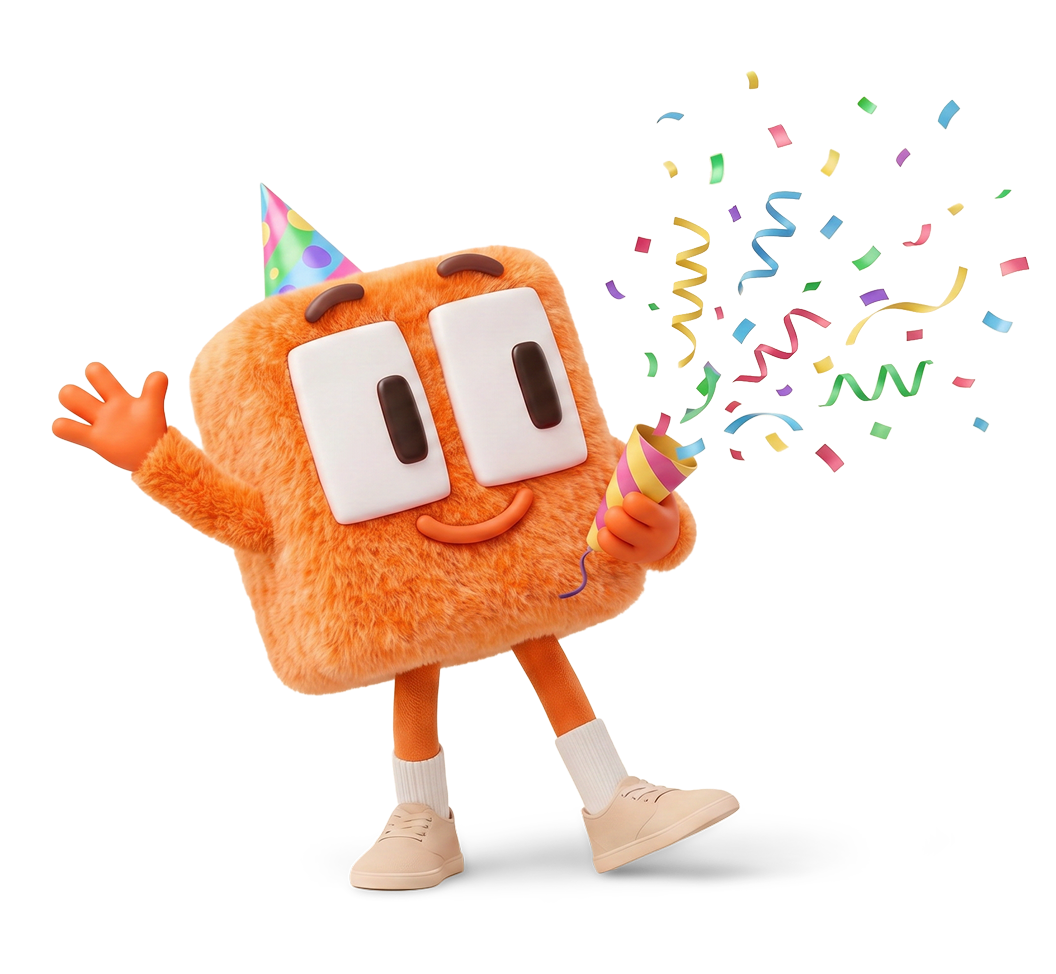 Albert, the Rental IQ mascot, in a party hat popping a confetti cannon
